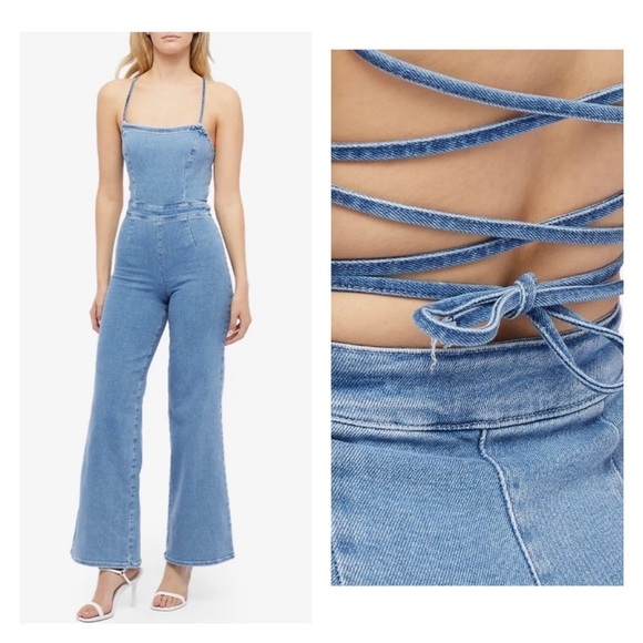 GOOD AMERICAN Vacay Denim Tie Back Flare Leg Jumpsuit Size 0 NWT Sexy - Picture 1 of 10